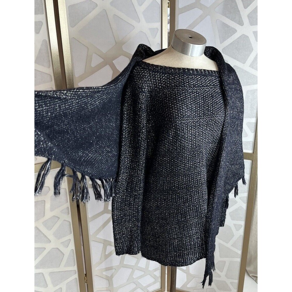 white house black market Sweater Tunic Shrug Set M L Knit Navy Metallic